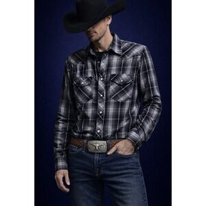 High Noon Pearl Snap Western Shirt Men's S Black Gray Plaid Rodeo Cowboy